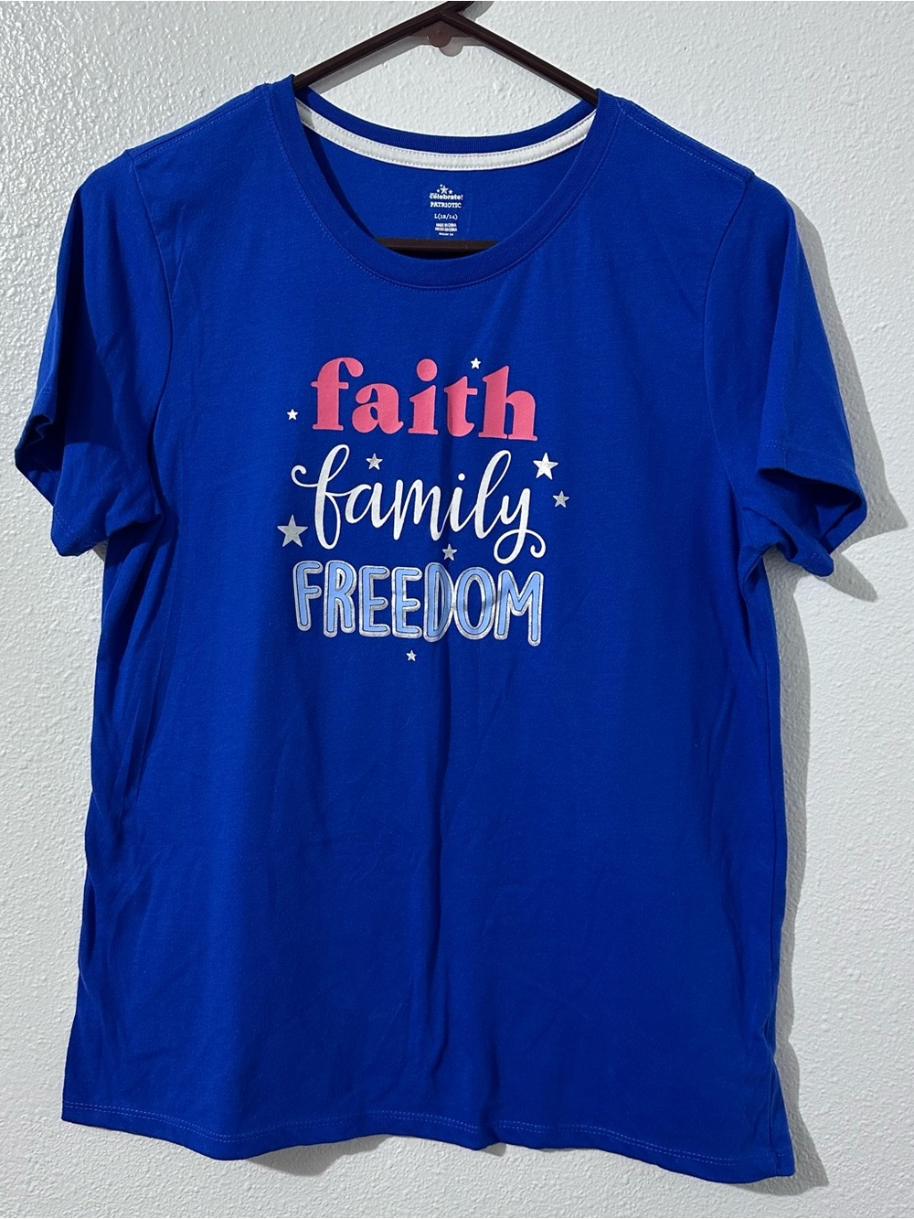 Women's Blue 'Faith Family Freedom' Short Sleeve Graphic Tee